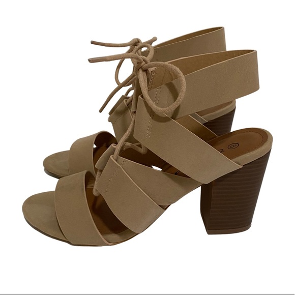 Faux Suede Tan and Brown lace up block heel sandals - Picture 5 of 9